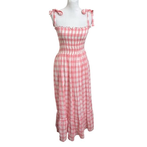 The Great Lagoon Dress Women’s Size 2 Pink Gingham Smocked Bow Strap Midi - Picture 2 of 12